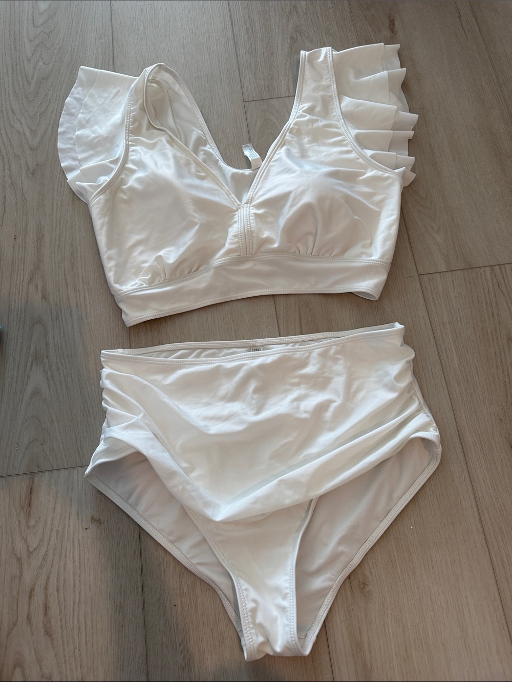 Women’s White Ruffle-Sleeve High-Waist Bikini Set